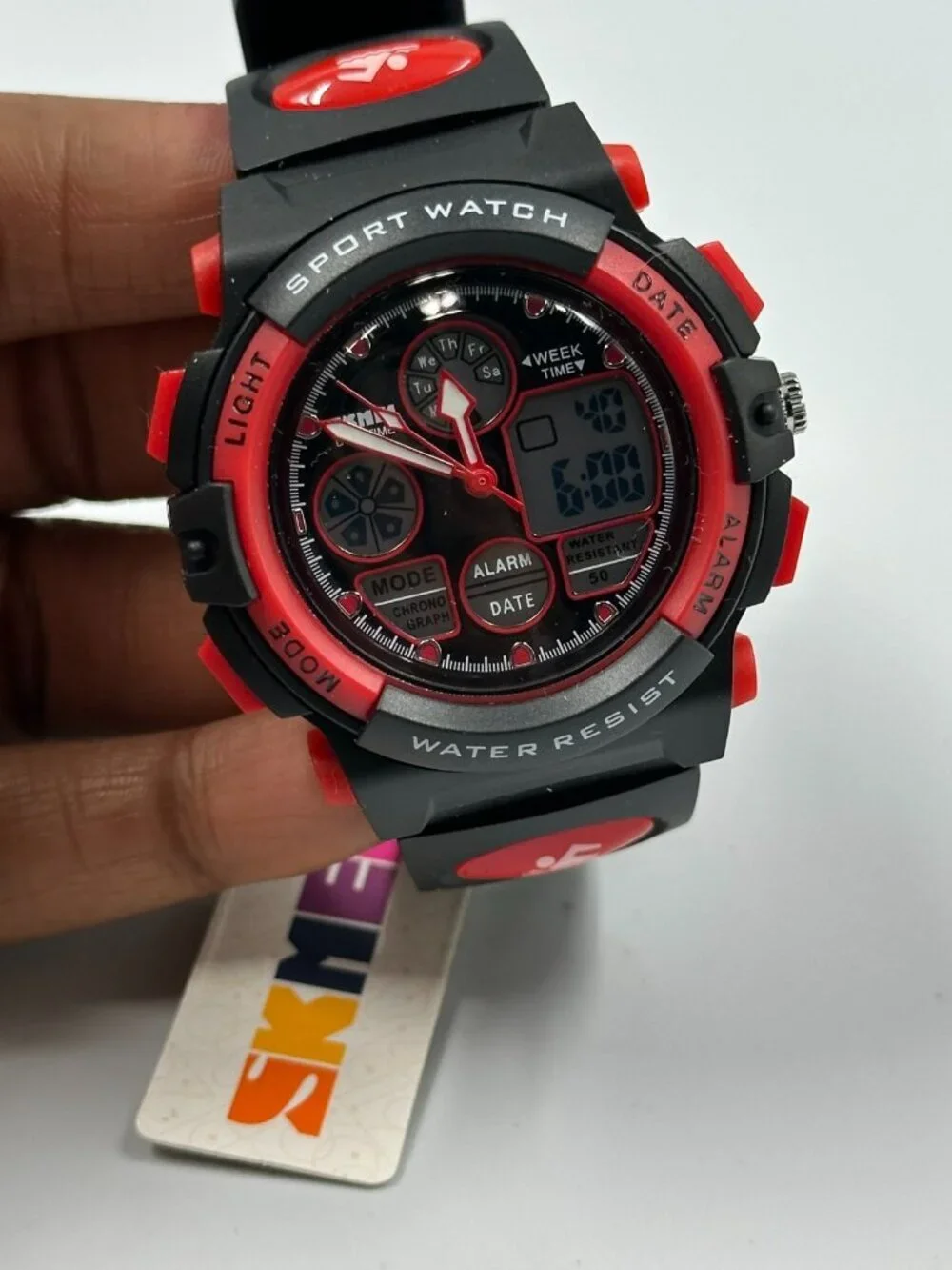 Skmei Digital Watch Men Black Red Round 44MM Backlight New Battery